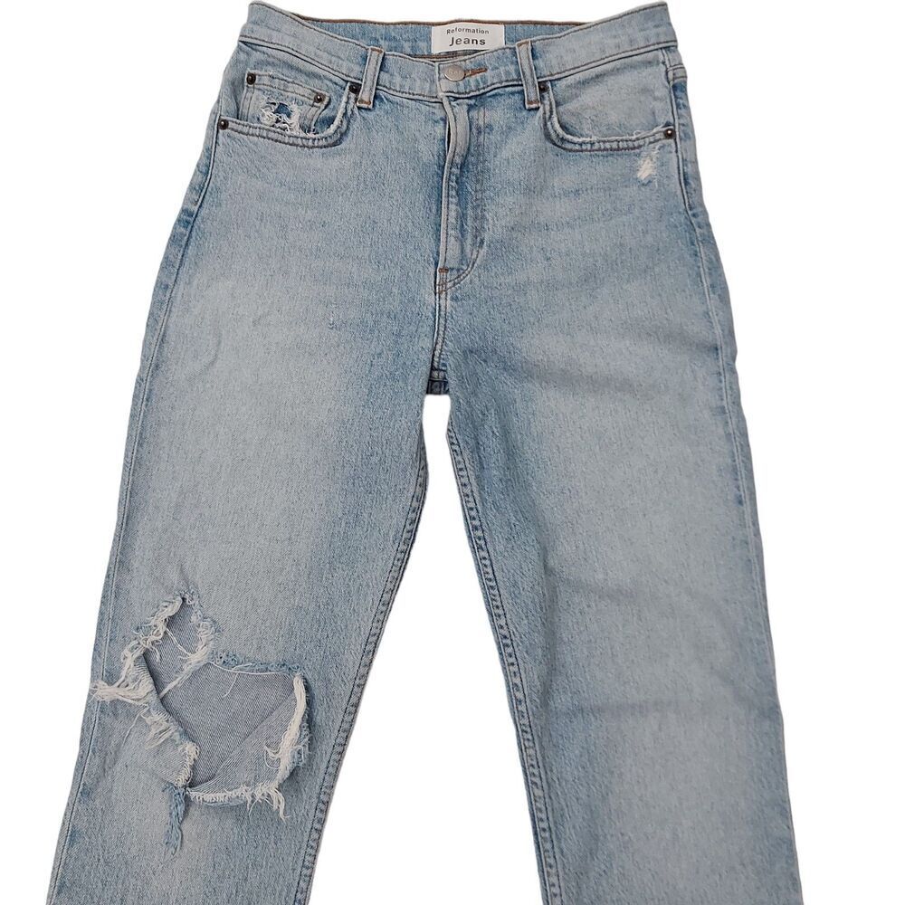Reformation Liza High Rise Straight Jean Womens 26 Blue Crete Destroyed Wash - Picture 2 of 12